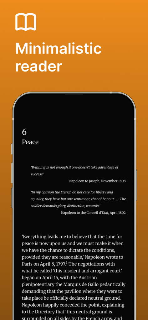 Lex Reader - A smartphone showing the Lex Reader app in dark mode with a minimalistic interface and a chapter titled Peace.