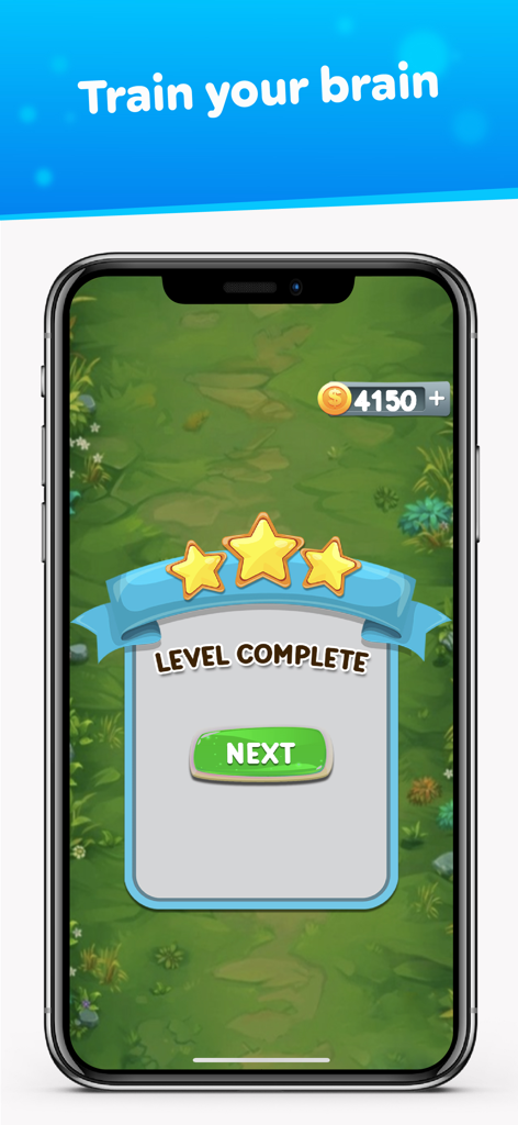 Brain Test: Food Math IQ Boost - Smartphone screen showing three stars and level complete message for a food math puzzle