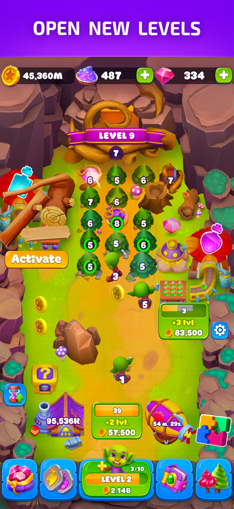 Goblins Wood: Gold Miner Game - In-game screenshot of Goblins Wood showing merge mechanics and resource collection in a fantasy forest.