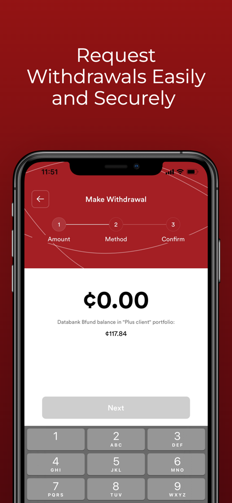 Mobile screen of Plus: Invest app showing the first step of a secure withdrawal process in Ghanaian Cedi.
