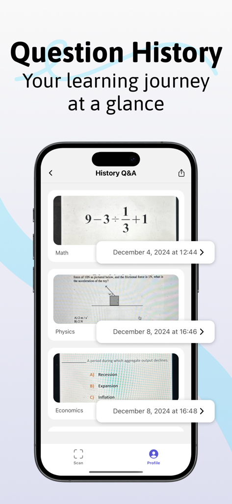 Homework Helper & Question Ai - Una pantalla móvil mostrando la función de historial de preguntas en la aplicación Homework Helper con ejemplos de matemáticas, física y economía