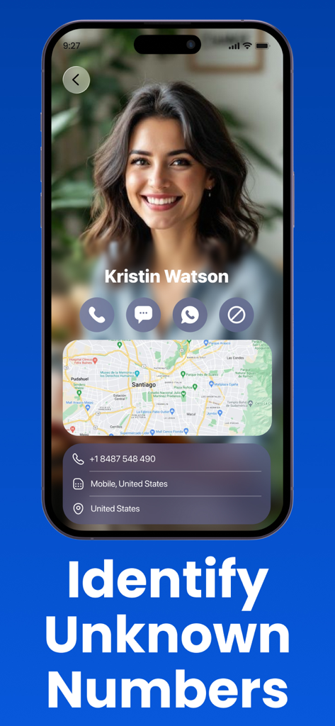 Screen showing the identification of an unknown caller with name and location map