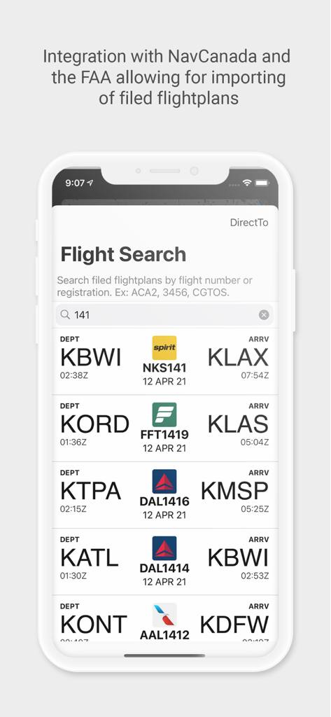 Noisy Goose - Aviation flight search interface in the Noisy Goose app for importing filed flight plans