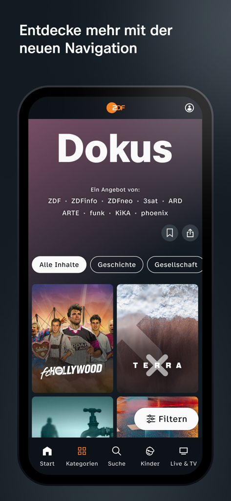 ZDF - Interfaz de la app de ZDF mostrando la sección de documentales y el menú de navegación
