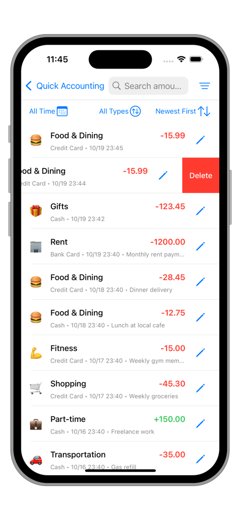 Transaction history screen in the Wallet Money Manager app showing categorized income and expenses with account details
