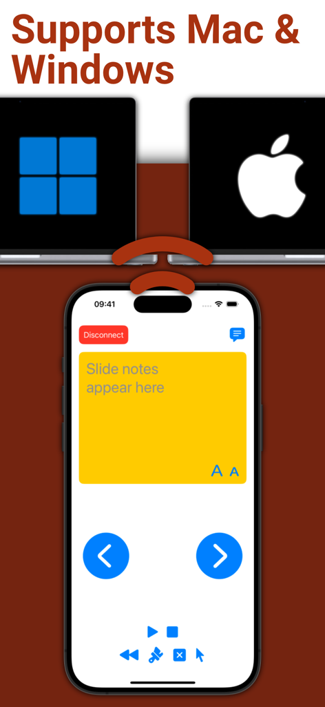 Interfaz de la aplicación móvil PPTControl en un iPhone que muestra notas de diapositivas y controles remotos para portátiles Mac y Windows