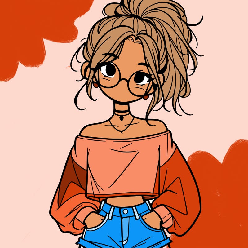 girl with a messy ponytail glasses a baggy crop top and jean shorts