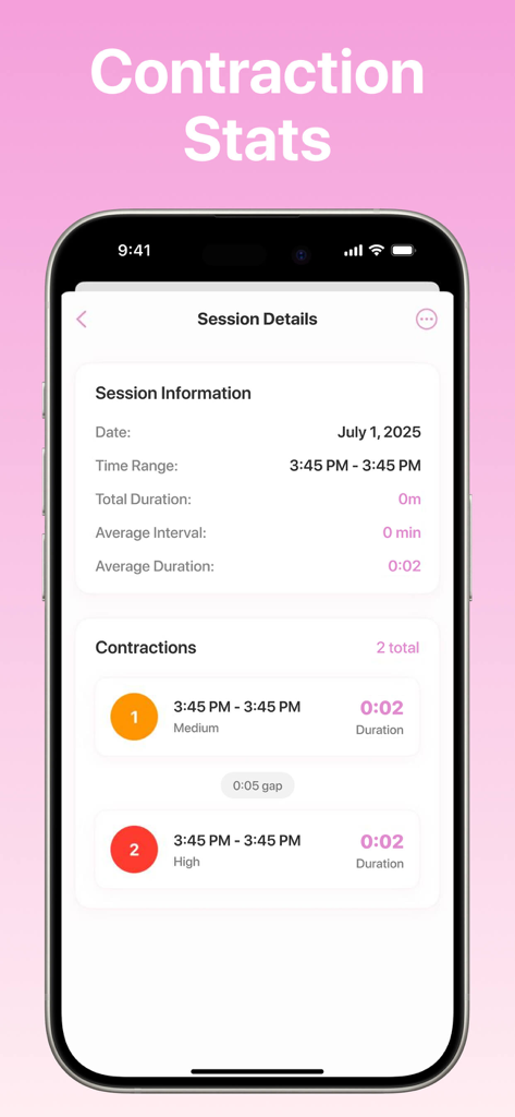 Contraction Timer Tracker . - Un resumen detallado de una sesión de contracciones de parto que muestra estadísticas de tiempo e niveles de intensidad para cada contracción registrada.