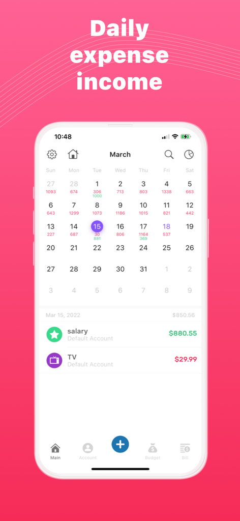 Money Manager: Budget Expense - A mobile interface of the Money Manager app showing a monthly calendar with daily income and expense totals for budget tracking.