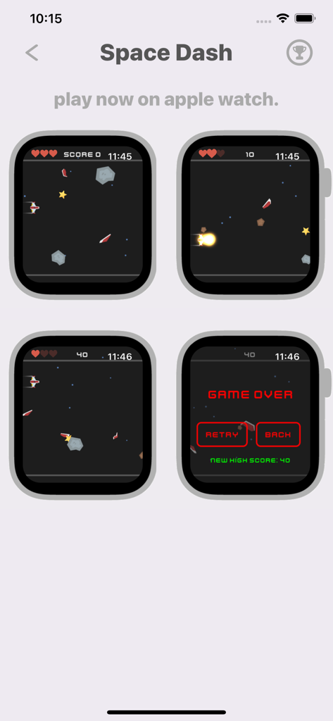 Pantallas de jugabilidad del juego Space Dash en una interfaz de Apple Watch que muestra una nave espacial esquivando asteroides.