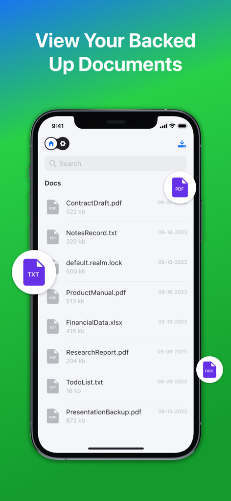Ein Smartphone-Bildschirm, der eine Liste gesicherter PDF- und Textdateien in der FX Backup App anzeigt