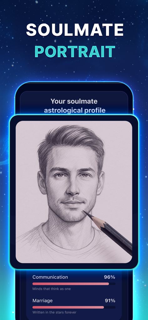 A soulmate portrait feature within an astrology app showing a sketch of a man and compatibility ratings.