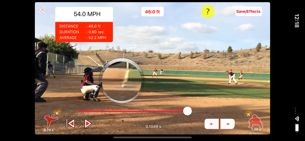 Pitchman Radar Gun - Pitchman Radar Gun app interface analyzing baseball pitch speed with a magnifying lens and statistics overlay