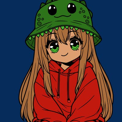 girl with anime shaped eyes with a dinosaur bucket hat oversized sweatshirt long straight hair