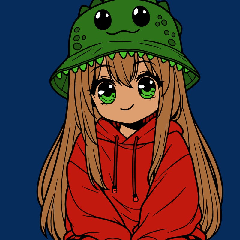 girl with anime shaped eyes with a dinosaur bucket hat oversized sweatshirt long straight hair