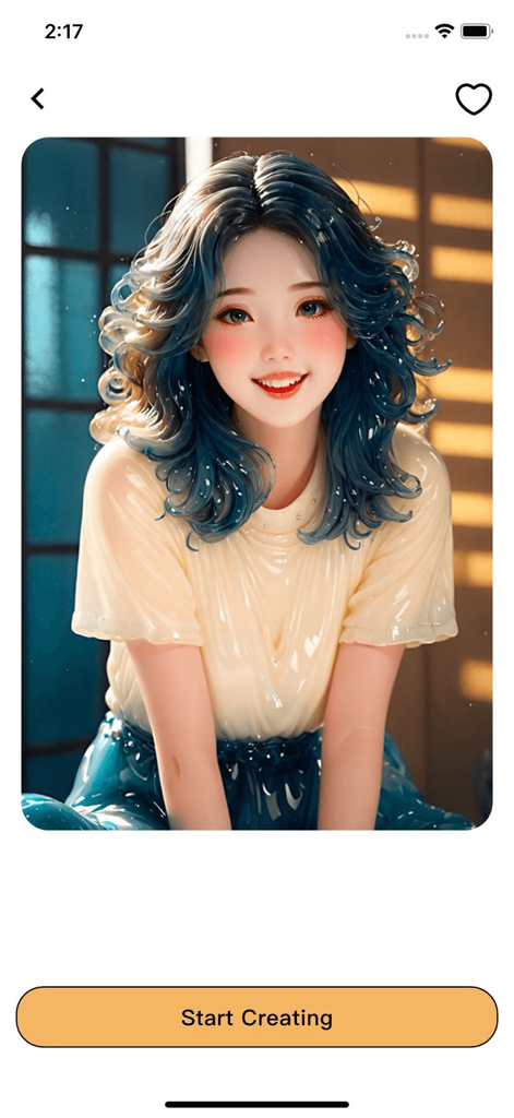 Interfaccia dell'app YingLow con un ritratto artistico lucido e pulsante Inizia a Creare