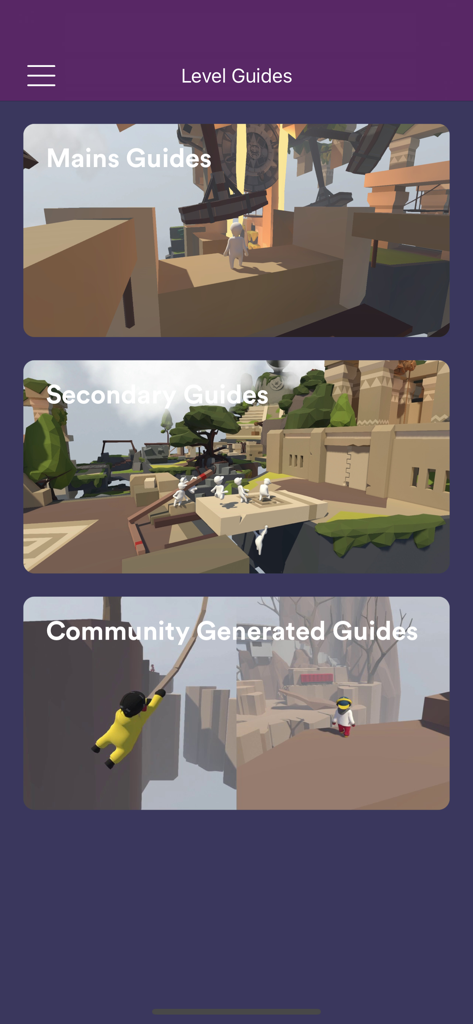 GameNet for - Human Fall Flat - Level guides menu for GameNet Human Fall Flat showing sections for Mains Secondary and Community guides