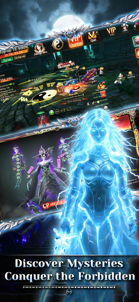 Ghost Hunter: Idle RPG - Ghost Hunter Idle RPGの光る青い霊キャラクターと、背景には超常的な戦闘インターフェース