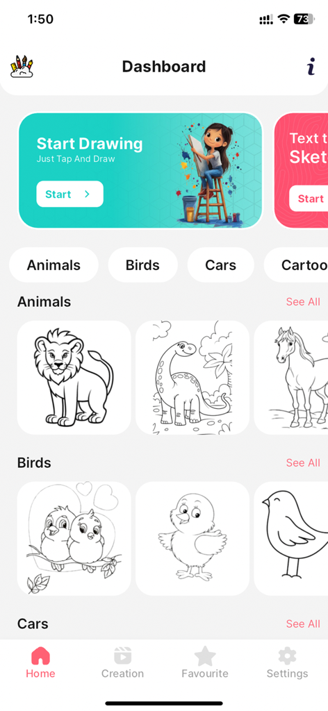 AR Drawing - Paint and Sketch - Dashboard of the AR Drawing app showing sketch categories and line art templates for tracing and painting.