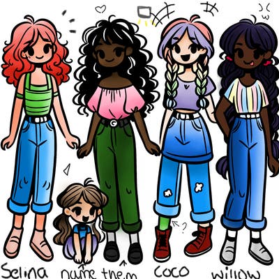 5 girls 1 with curly hair and 1 with braids wearing jeans