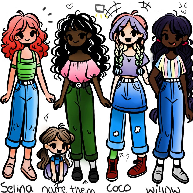5 girls 1 with curly hair and 1 with braids wearing jeans