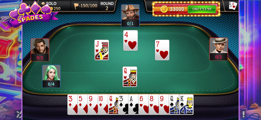 Spades - offline card games. - A gameplay screenshot of the Spades offline card game showing a green table with player avatars and active cards.