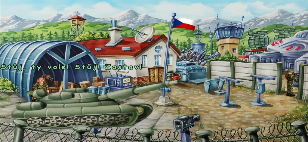 Polda 7 - Hand drawn military base scene with a tank and Czech flag from Polda 7