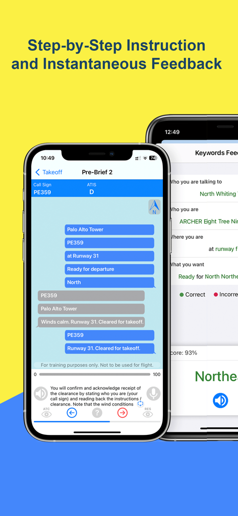 Aviation radio communication training app interface showing step by step instruction and instantaneous feedback