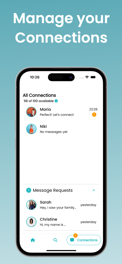 Pantalla de la aplicación Aupair Valley para gestionar solicitudes de mensajes y conexiones