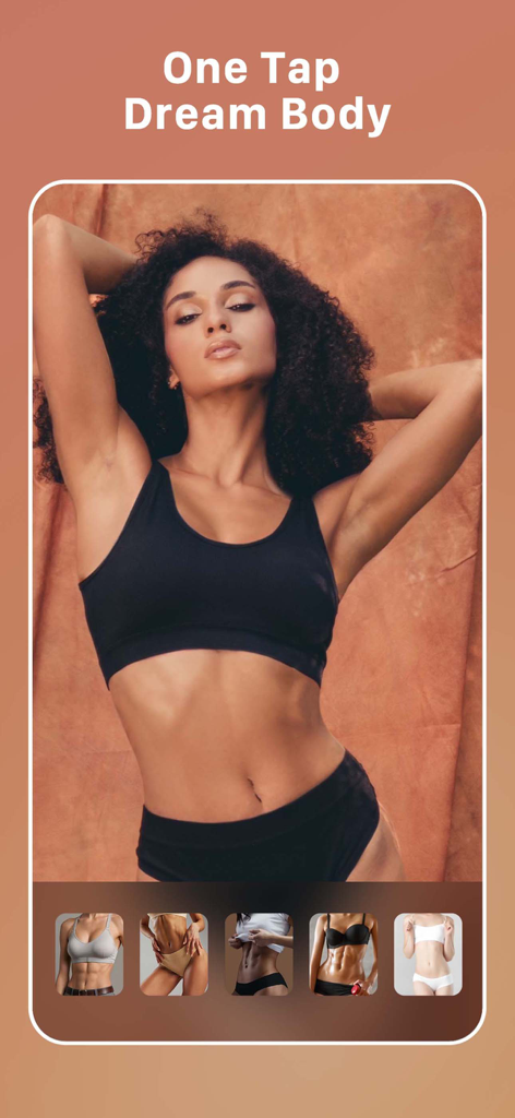 Everlook- Face & Body Editor - Interface de l'application Everlook montrant les fonctionnalités d'édition du corps et une femme avec des abdominaux toniques