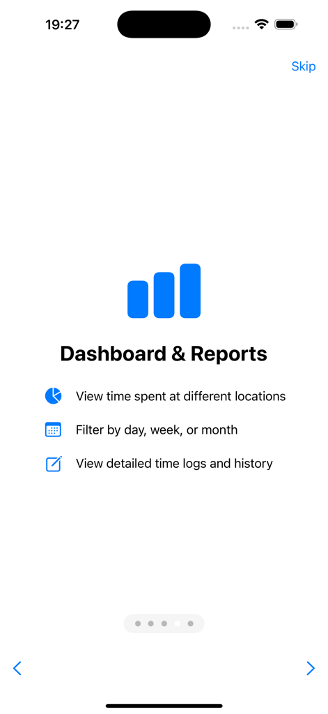 Onboarding screen of the Time at Location app showing Dashboard and Reports features such as time logs and location history
