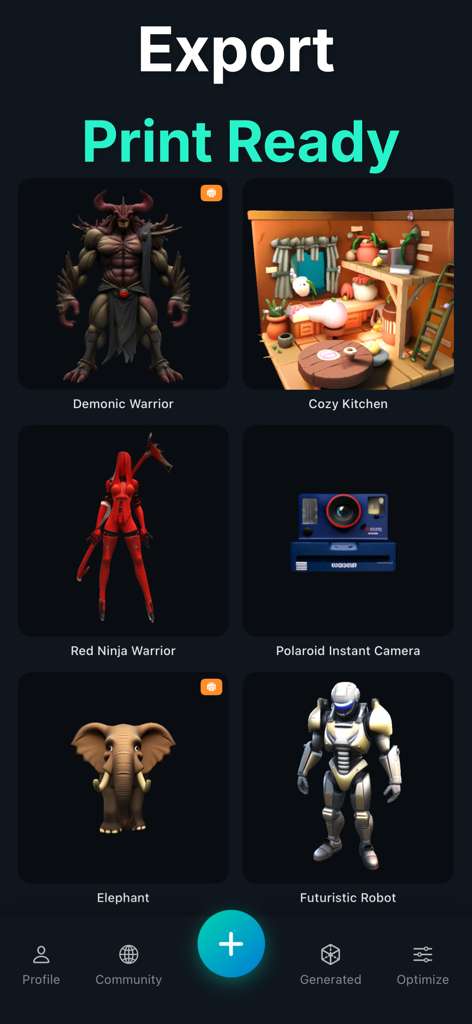 Gallery of AI generated 3D models in the Remeshy app including a demonic warrior robot and elephant ready for printing