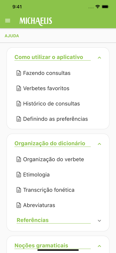 Dicionário Michaelis Português - Help menu of the Michaelis Portuguese Dictionary app showing user guides and dictionary organization