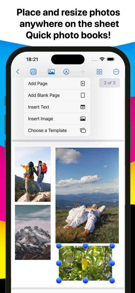 Photo Print - Collage & Resize - Interface de aplicativo móvel mostrando um editor de colagem de fotos com opções para adicionar páginas e redimensionar imagens para um álbum de fotos.