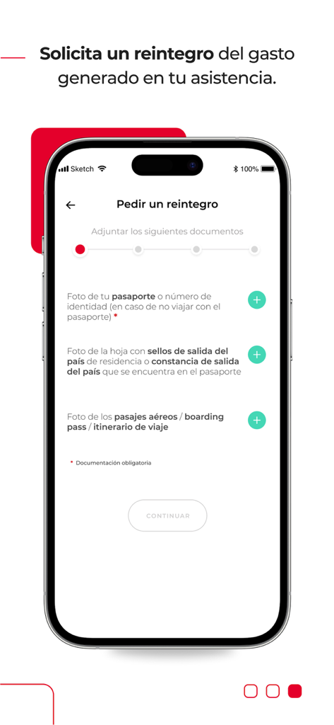Assist Card mobile app screen showing the digital process to request a refund for travel expenses