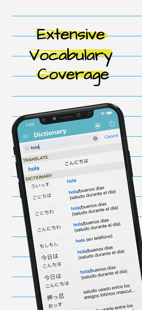 Japanese Spanish Dictionary + - Interfaz de la aplicación Diccionario Japonés Español que muestra traducciones de la palabra hola con una amplia cobertura de vocabulario