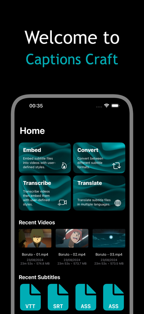 Captions Craft - Interface of Captions Craft app displaying features like subtitle embedding, transcription, and translation for videos