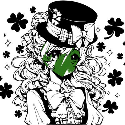 a manga-style girl with clovers around her, a little hat in her hair, like it's saint patrick's day