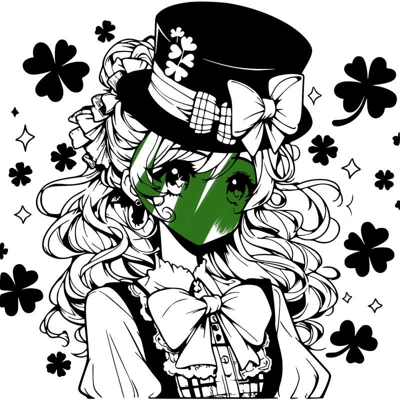 a manga-style girl with clovers around her, a little hat in her hair, like it's saint patrick's day