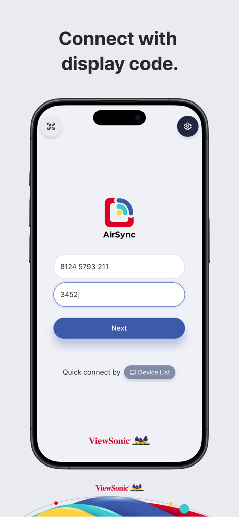 AirSync Sender - AirSync Sender mobile app interface for entering a display code and password to connect wirelessly