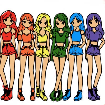 a group of girls wearing crop tops and shorts