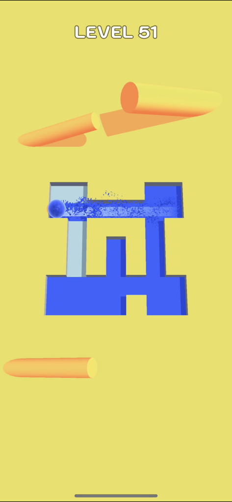 A blue paintball rolling through a maze to splash color in Roller Splat level 51