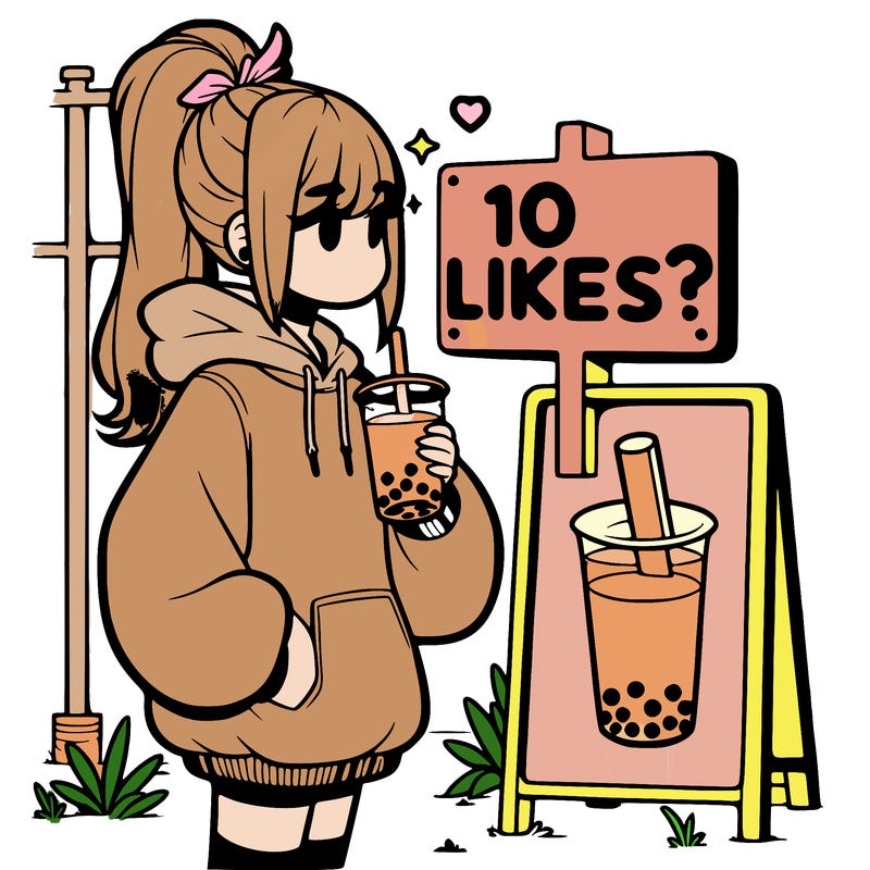 girl with oversized hoodie drinking boba and she has a high ponytail with a sign that says 10likes?