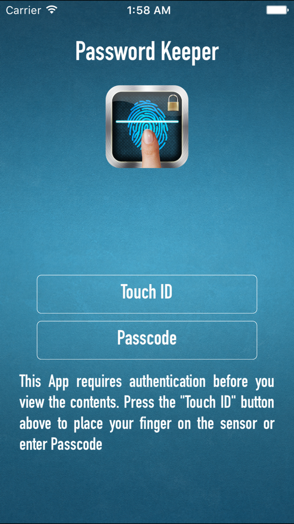 Authentication screen for Simple Password Manager showing Touch ID and Passcode login options
