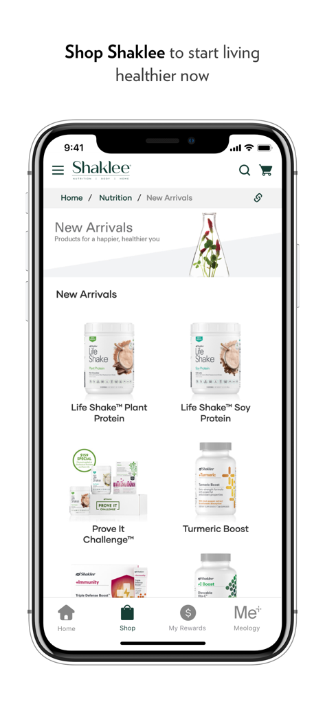 Shaklee Connect app interface showing nutrition products including Life Shake protein powders and Turmeric Boost supplements