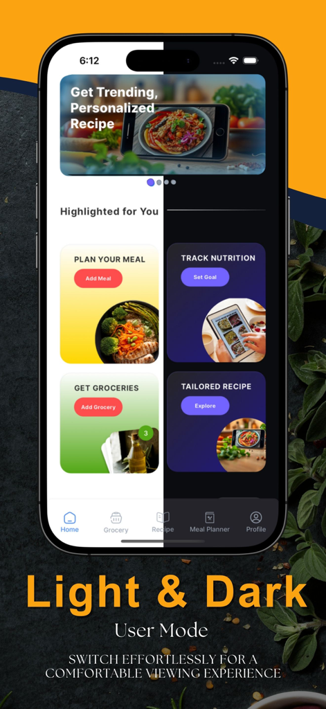 Smartphone displaying the EAT app dashboard split into light and dark mode themes