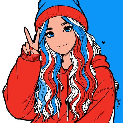 a teenage girl in a beanie, oversized sweatshirt, wavy long hair, and is showing a ✌️