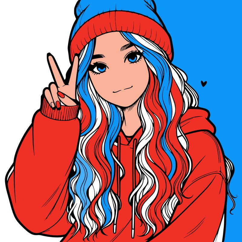a teenage girl in a beanie, oversized sweatshirt, wavy long hair, and is showing a ✌️