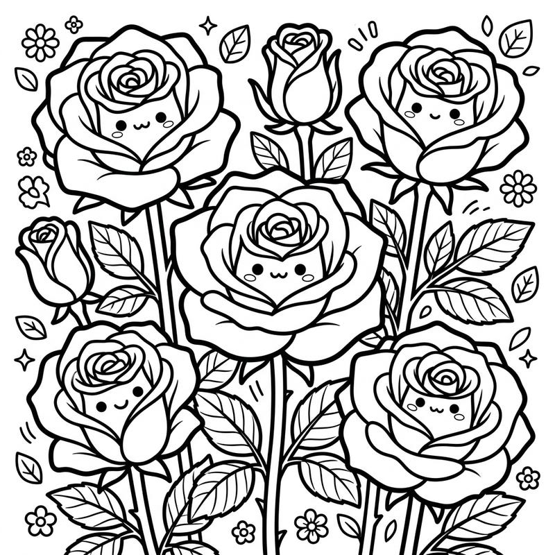 Discover the delightful blend of classic beauty and adorable Kawaii cuteness with this charming Hybrid Tea Roses coloring page. Each intricately drawn rose features a sweet, expressive face, bringing a unique touch of joy to your coloring experience.