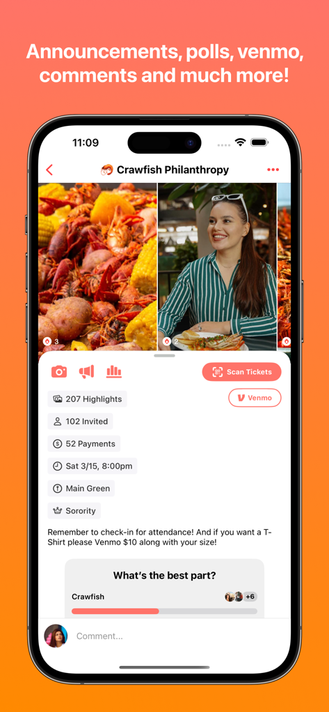 Flare - For Groups - Smartphone screen of Flare app showing an event page for a sorority with Venmo integration and polls